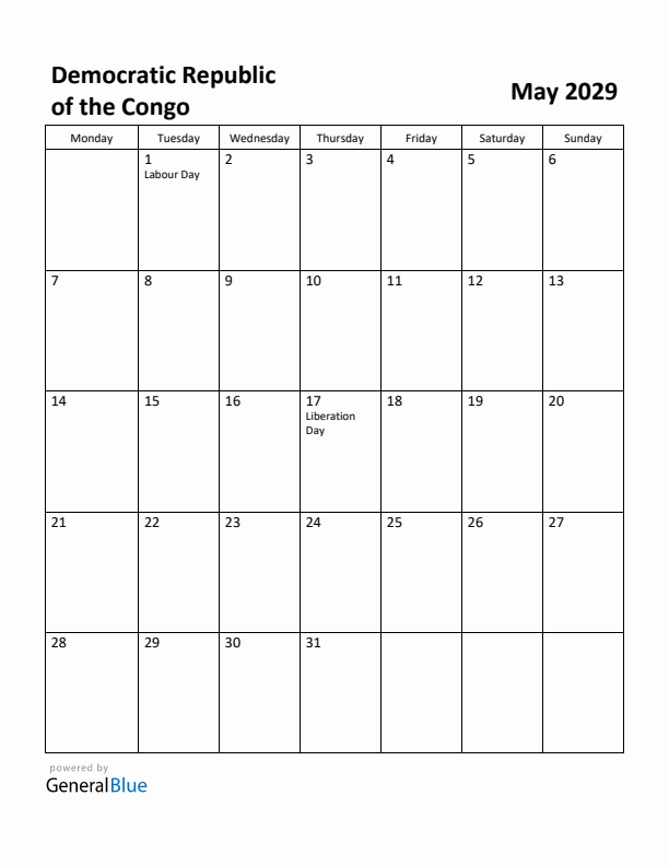 May 2029 Calendar with Democratic Republic of the Congo Holidays