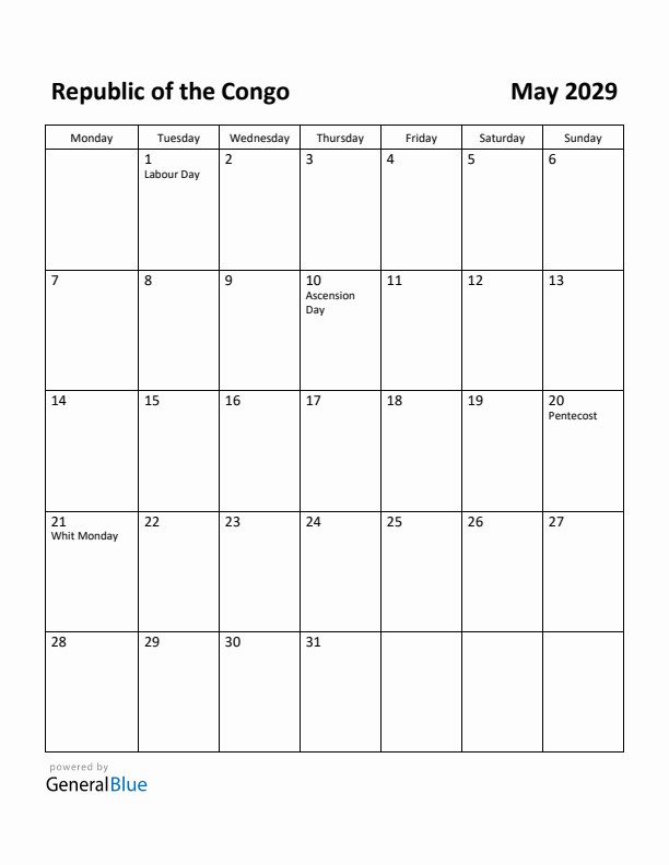 May 2029 Calendar with Republic of the Congo Holidays