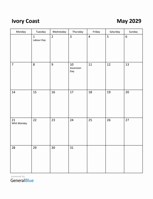 May 2029 Calendar with Ivory Coast Holidays