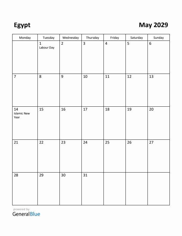 May 2029 Calendar with Egypt Holidays
