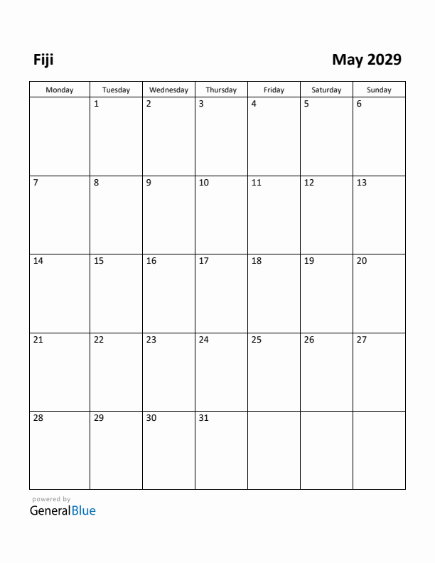 May 2029 Calendar with Fiji Holidays