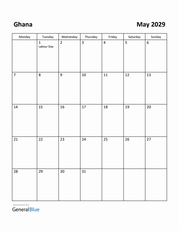 May 2029 Calendar with Ghana Holidays