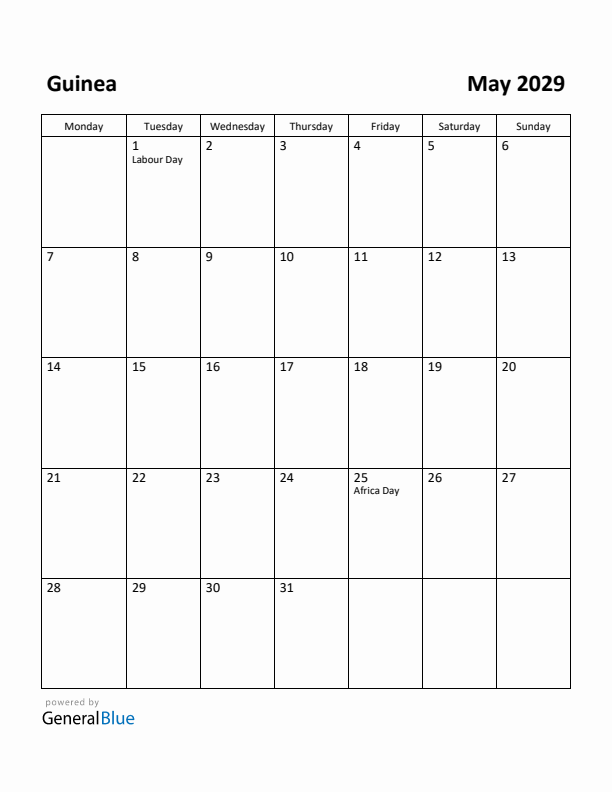 May 2029 Calendar with Guinea Holidays