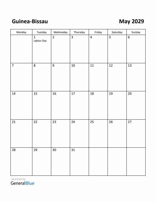 May 2029 Calendar with Guinea-Bissau Holidays