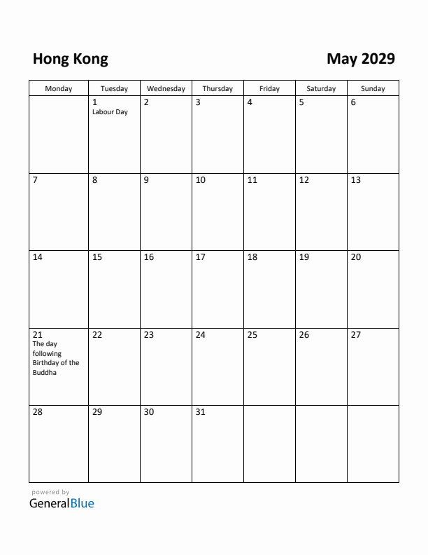 May 2029 Calendar with Hong Kong Holidays