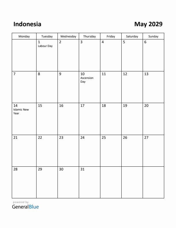 May 2029 Calendar with Indonesia Holidays