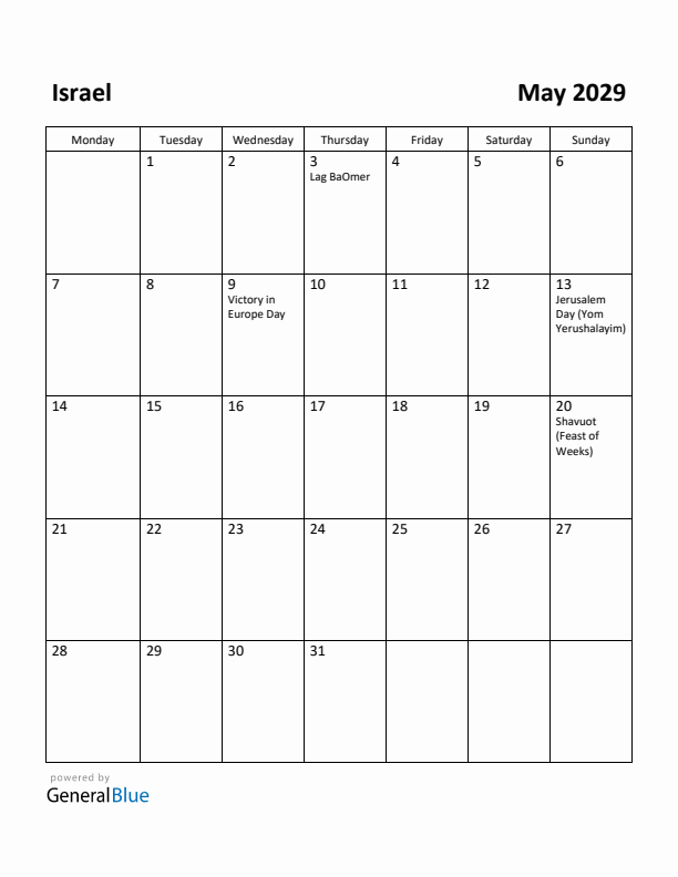 May 2029 Calendar with Israel Holidays