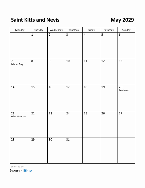 May 2029 Calendar with Saint Kitts and Nevis Holidays