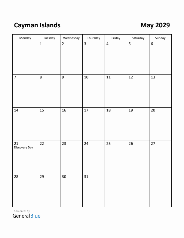 May 2029 Calendar with Cayman Islands Holidays