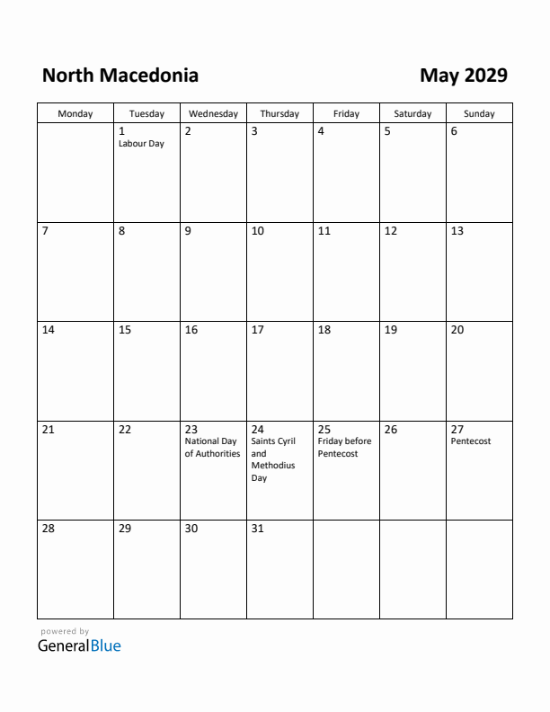 May 2029 Calendar with North Macedonia Holidays