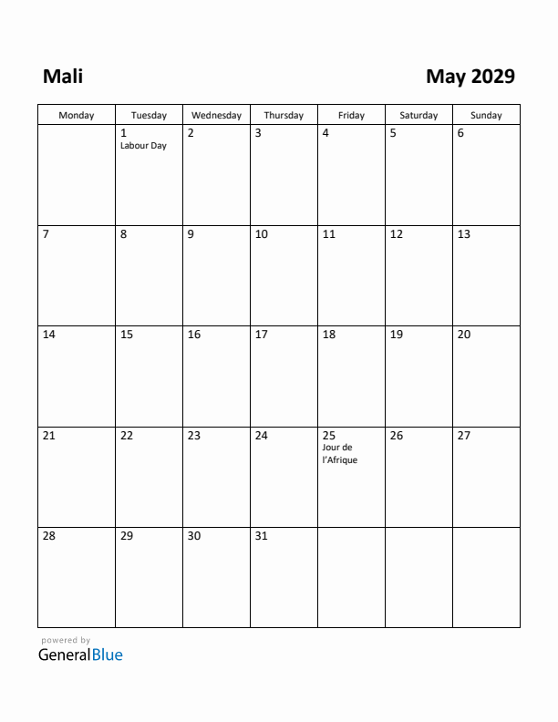 May 2029 Calendar with Mali Holidays