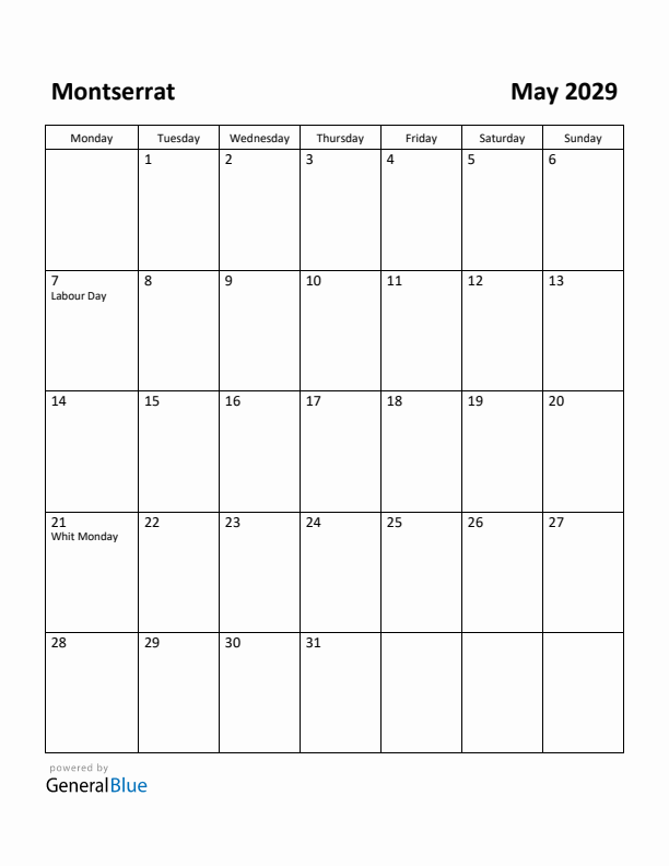 May 2029 Calendar with Montserrat Holidays