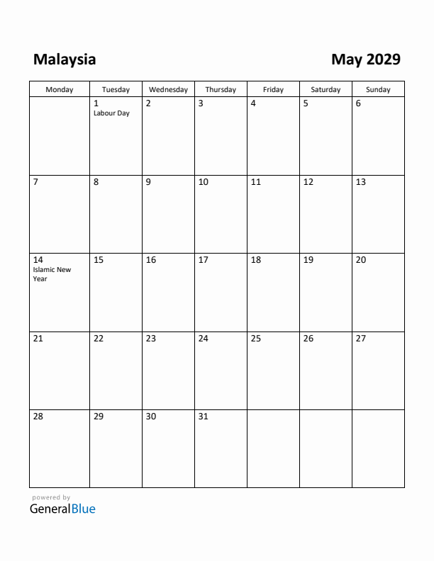 May 2029 Calendar with Malaysia Holidays