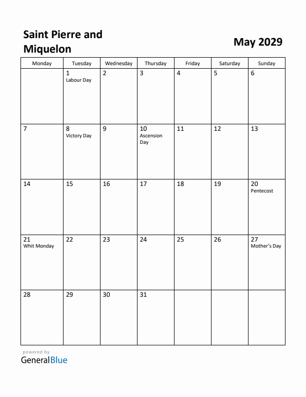 May 2029 Calendar with Saint Pierre and Miquelon Holidays