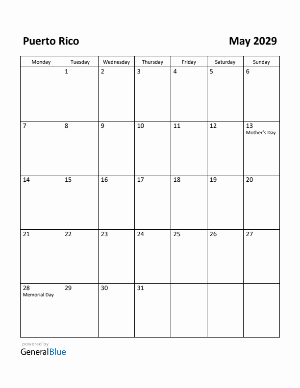 May 2029 Calendar with Puerto Rico Holidays