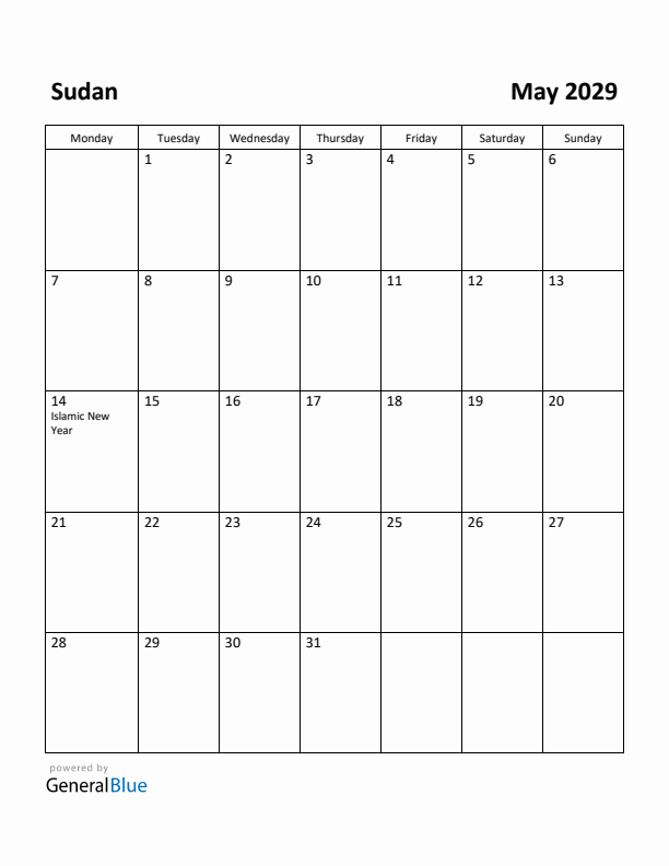 May 2029 Calendar with Sudan Holidays