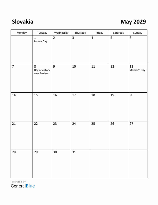 May 2029 Calendar with Slovakia Holidays