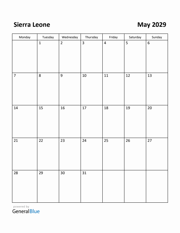 May 2029 Calendar with Sierra Leone Holidays