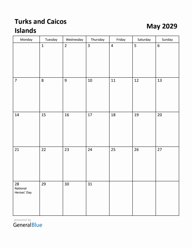 May 2029 Calendar with Turks and Caicos Islands Holidays