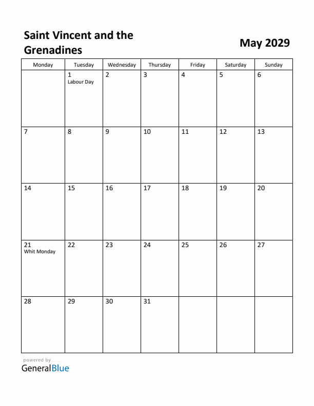 May 2029 Calendar with Saint Vincent and the Grenadines Holidays