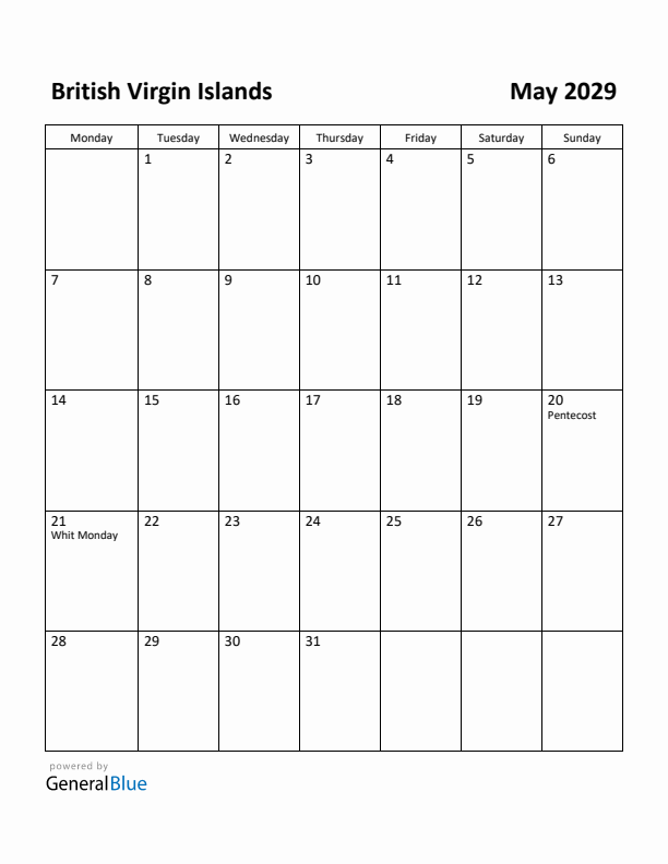 May 2029 Calendar with British Virgin Islands Holidays