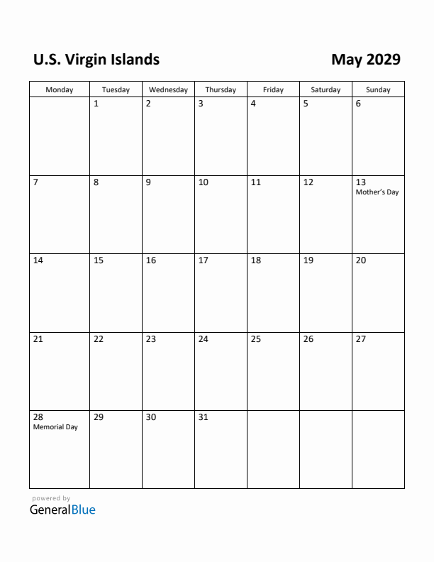 May 2029 Calendar with U.S. Virgin Islands Holidays