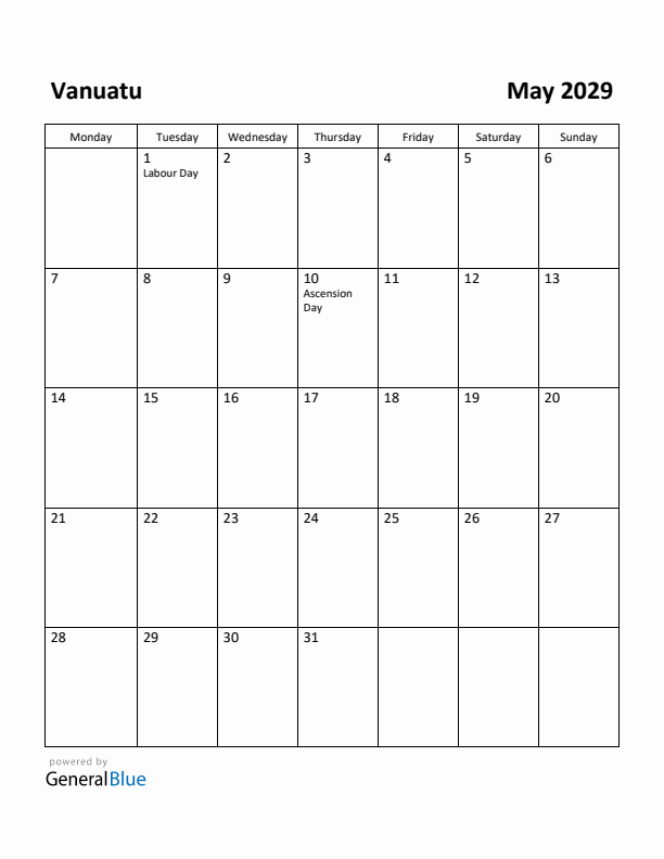 May 2029 Calendar with Vanuatu Holidays