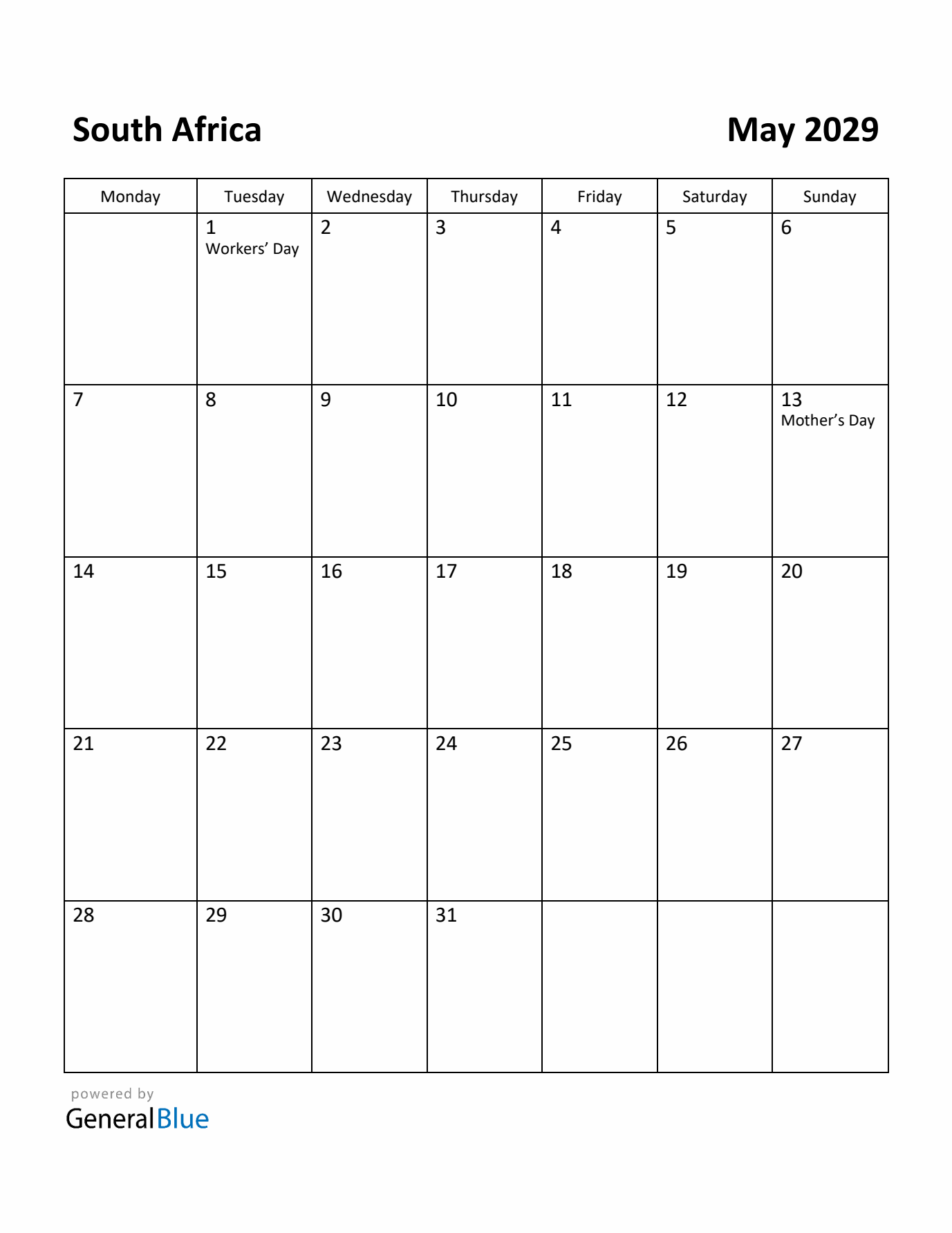 May 2029 Calendar with South Africa Holidays