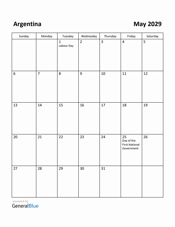 May 2029 Calendar with Argentina Holidays