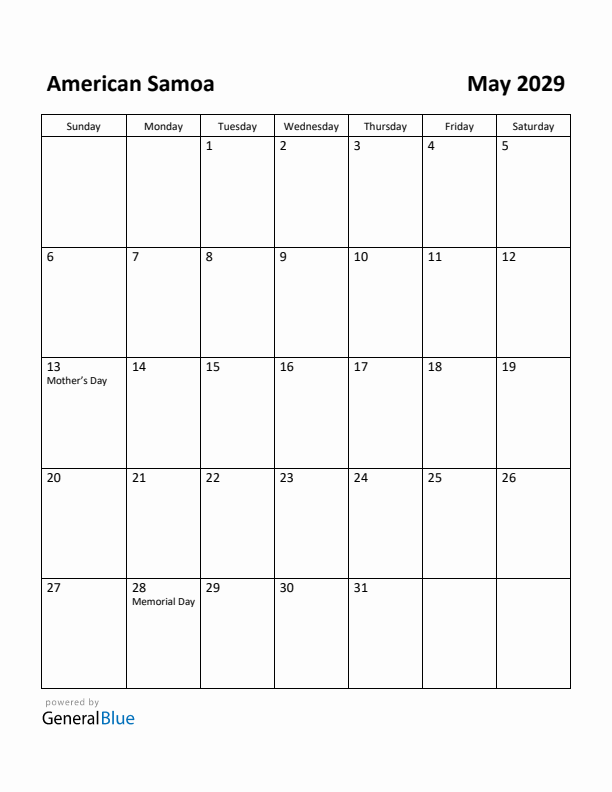 May 2029 Calendar with American Samoa Holidays
