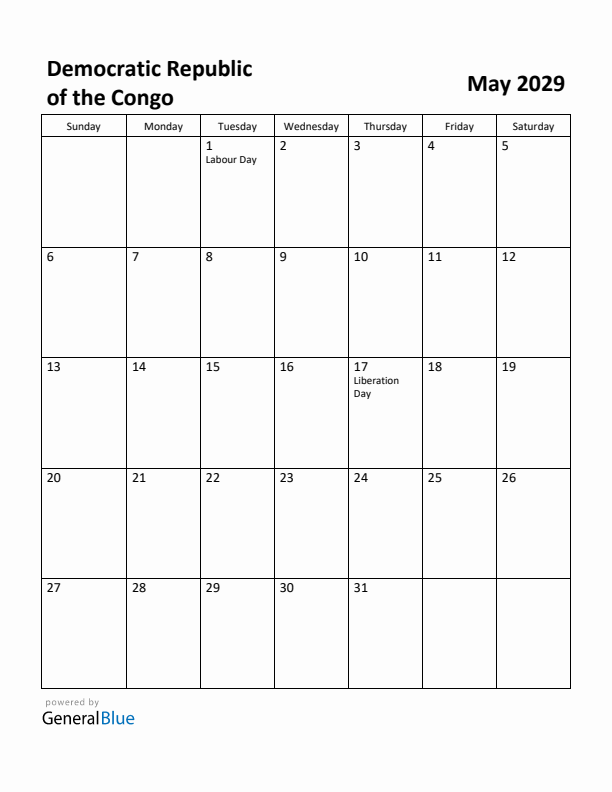 May 2029 Calendar with Democratic Republic of the Congo Holidays