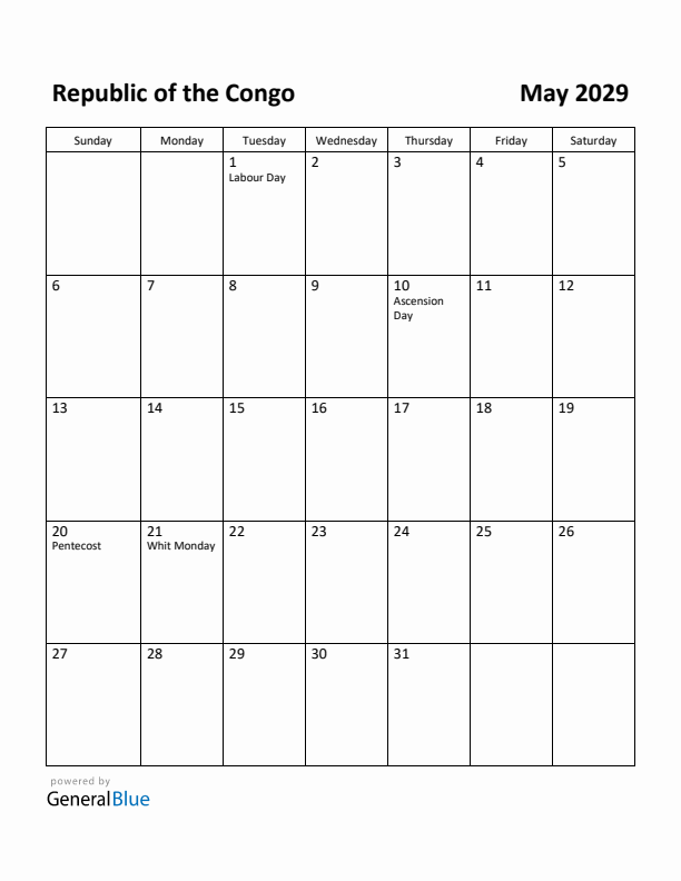 May 2029 Calendar with Republic of the Congo Holidays
