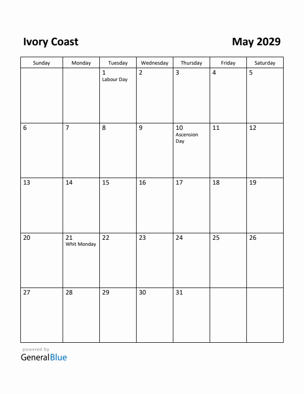 May 2029 Calendar with Ivory Coast Holidays