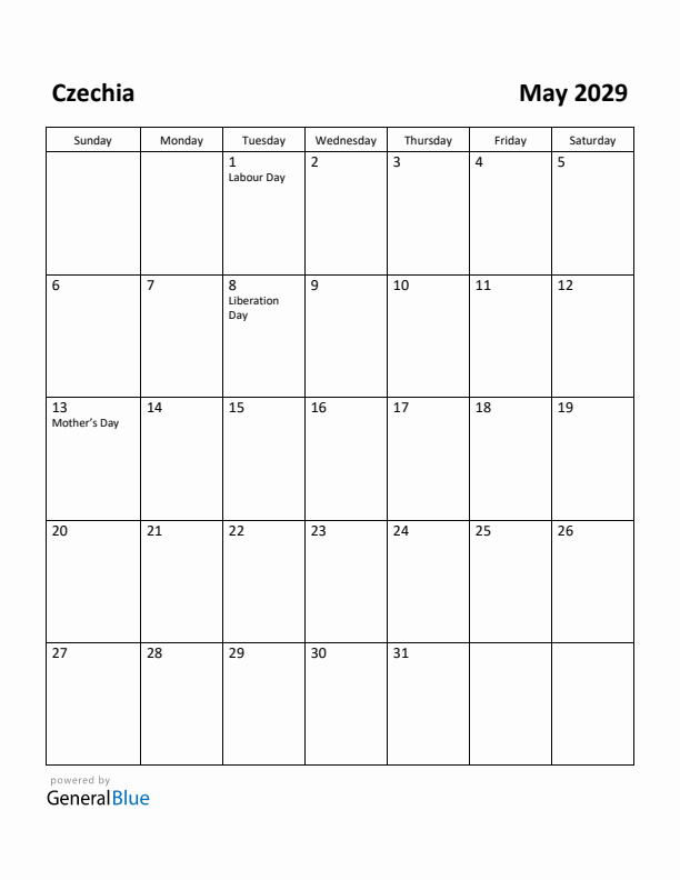May 2029 Calendar with Czechia Holidays