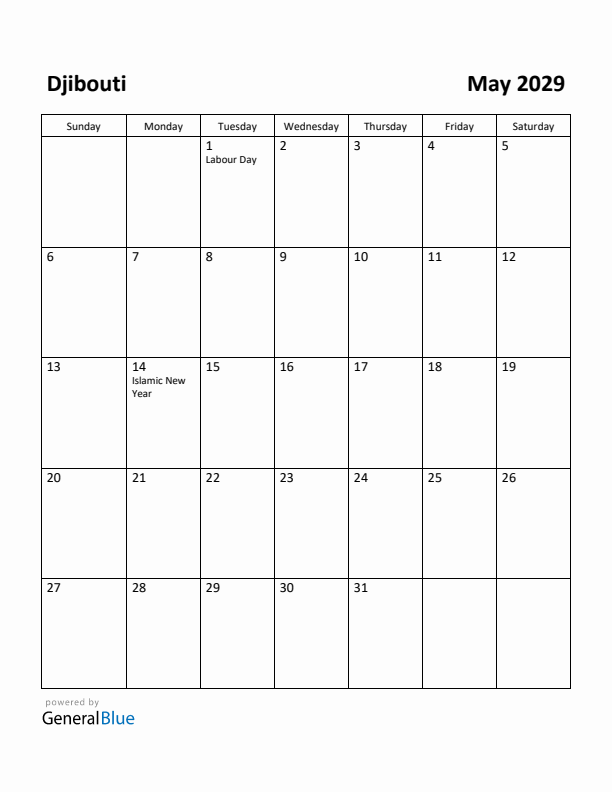 May 2029 Calendar with Djibouti Holidays
