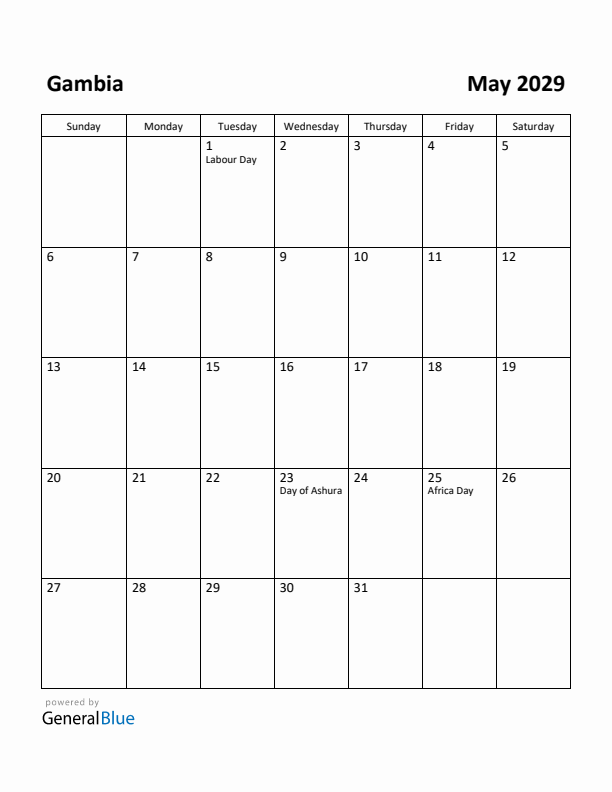 May 2029 Calendar with Gambia Holidays