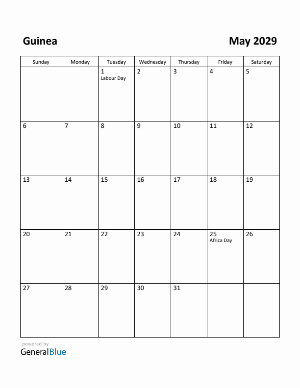 May 2029 Calendar with Guinea Holidays