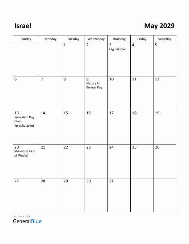 May 2029 Calendar with Israel Holidays