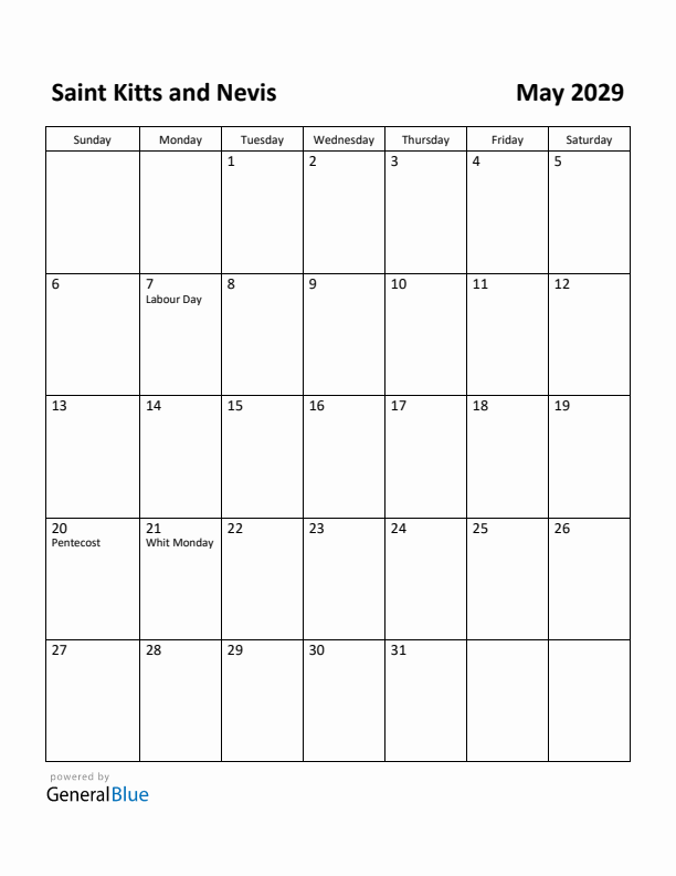 May 2029 Calendar with Saint Kitts and Nevis Holidays