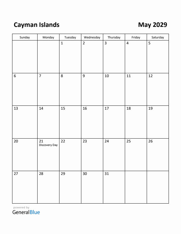 May 2029 Calendar with Cayman Islands Holidays
