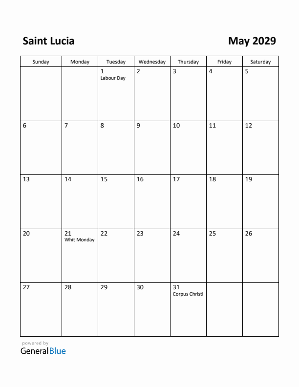 May 2029 Calendar with Saint Lucia Holidays