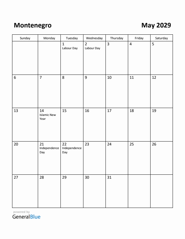 May 2029 Calendar with Montenegro Holidays