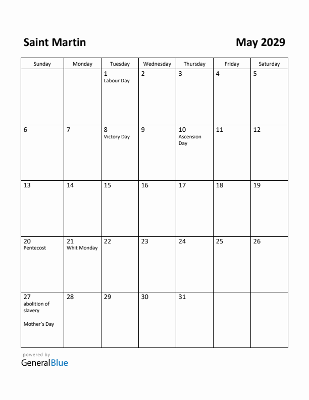 May 2029 Calendar with Saint Martin Holidays