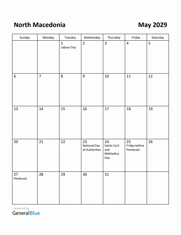 May 2029 Calendar with North Macedonia Holidays