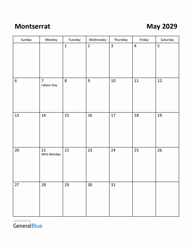 May 2029 Calendar with Montserrat Holidays