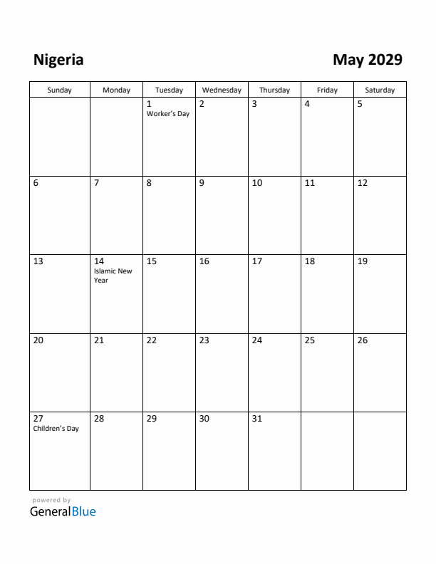 May 2029 Calendar with Nigeria Holidays