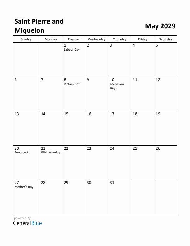 May 2029 Calendar with Saint Pierre and Miquelon Holidays