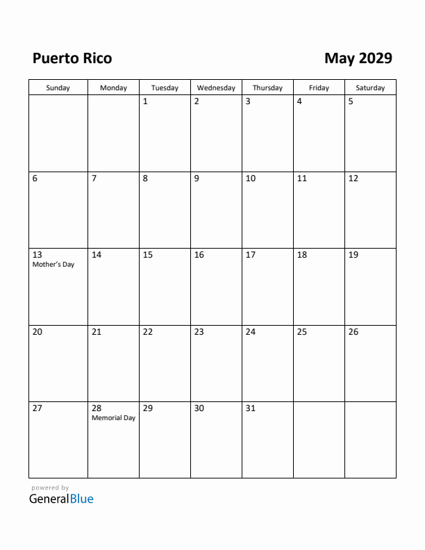 May 2029 Calendar with Puerto Rico Holidays