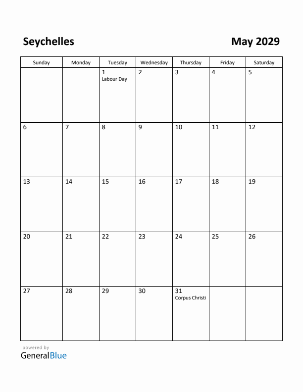May 2029 Calendar with Seychelles Holidays