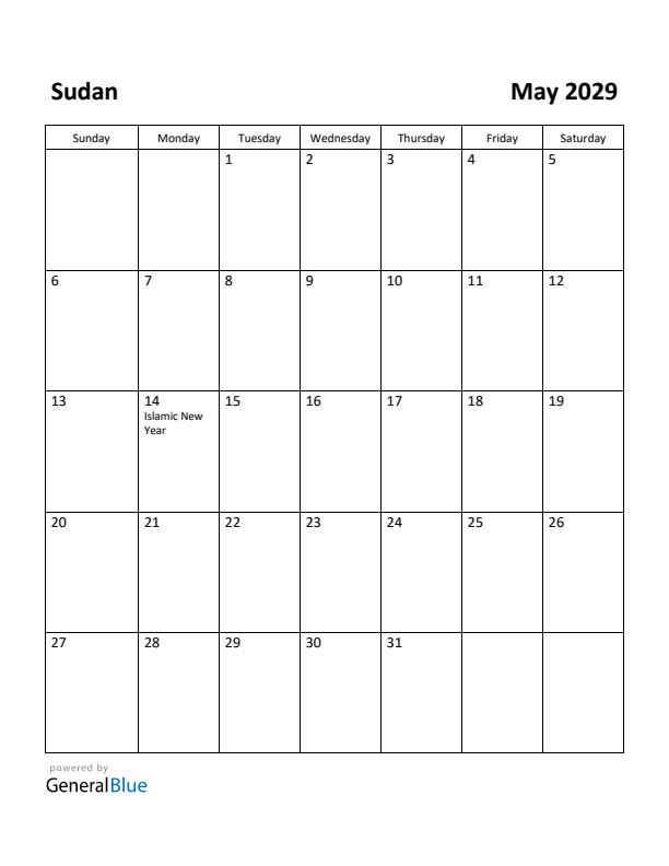 May 2029 Calendar with Sudan Holidays